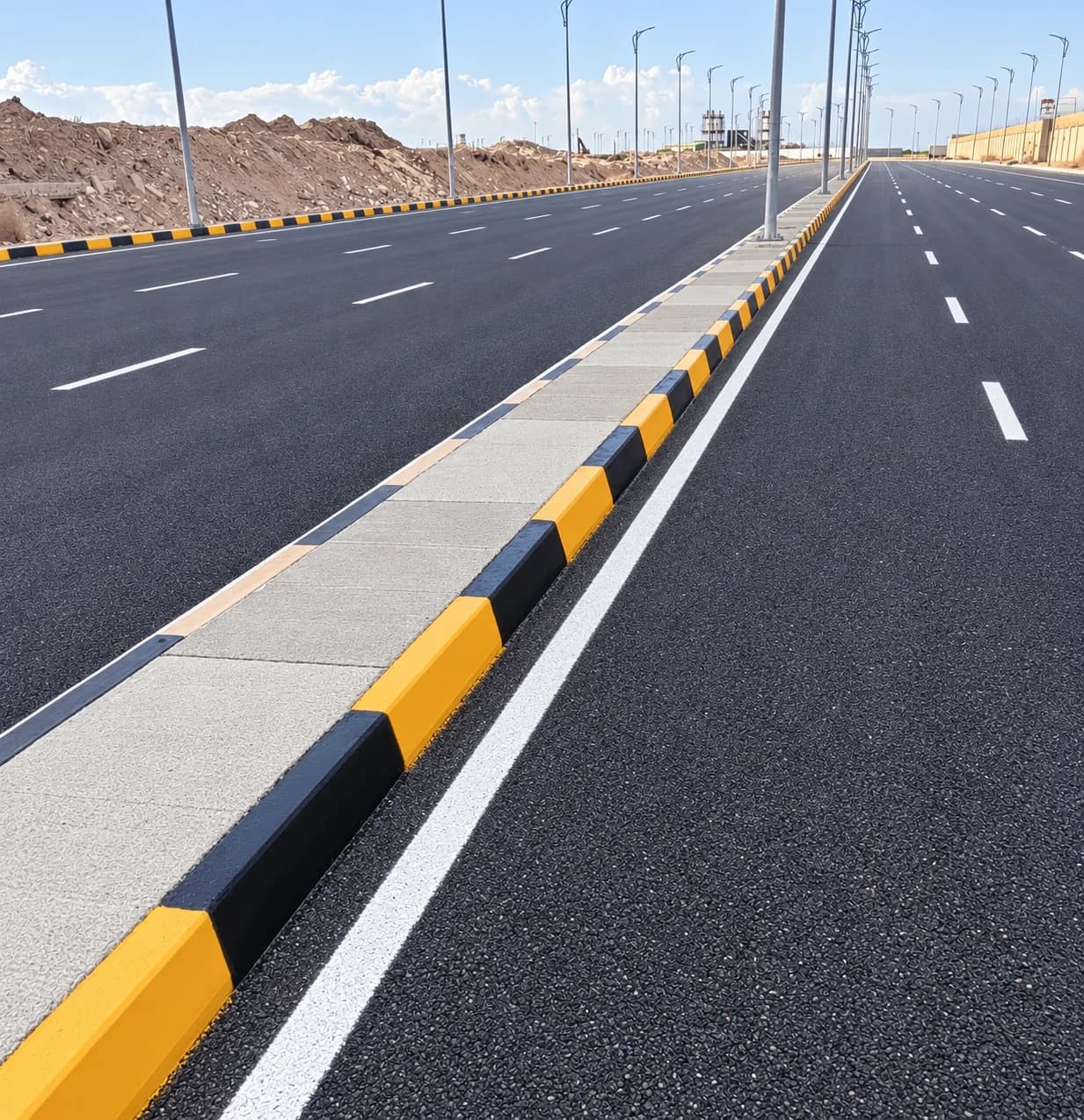 Asphalt road with a continuous golden-yellow kerb, from the QPS work library